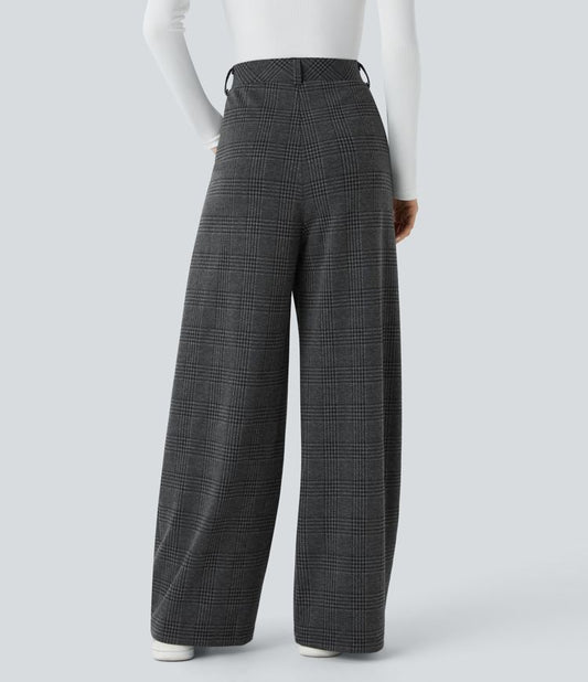 Spodnie Casual w Kratę Houndstooth z Średnio Wysokim Stanem i Kieszeniami