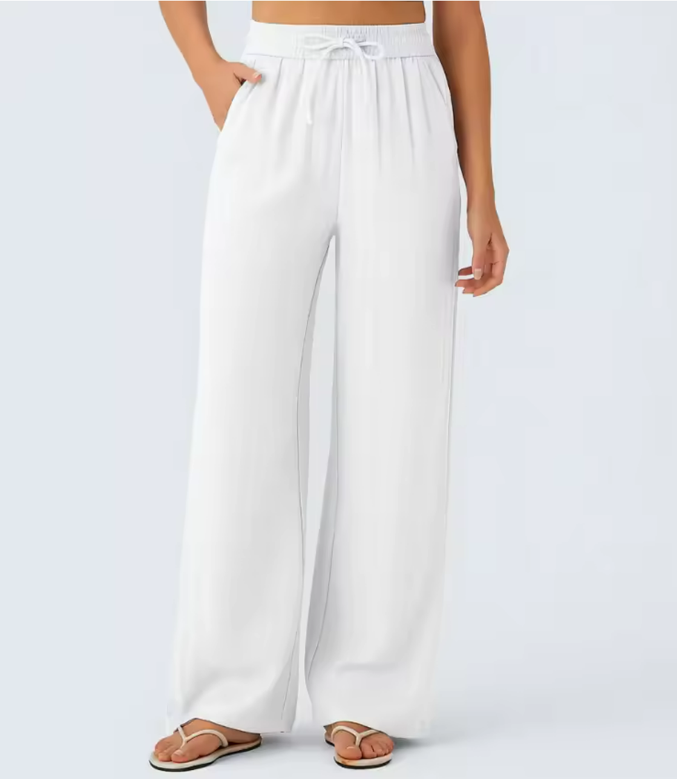 Damskie spodnie wide leg z wysokim stanem o lnianym wyglądzie