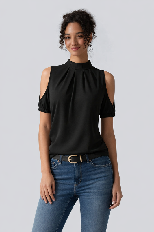 HATTIE | CZARNY PLISOWANY TOP Z ROZCIĘTYMI RĘKAWAMI
